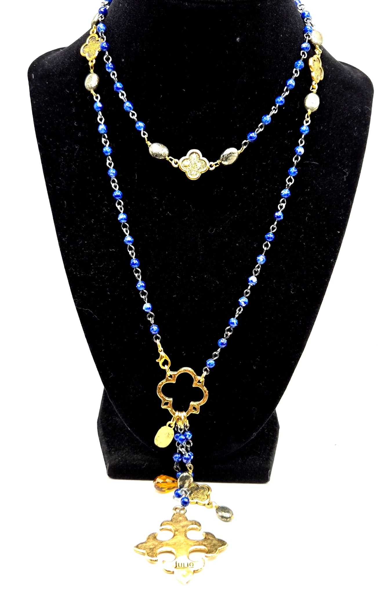Vintage JULIO DESIGN Faux lapis lazuli beads Cross gold tone necklace