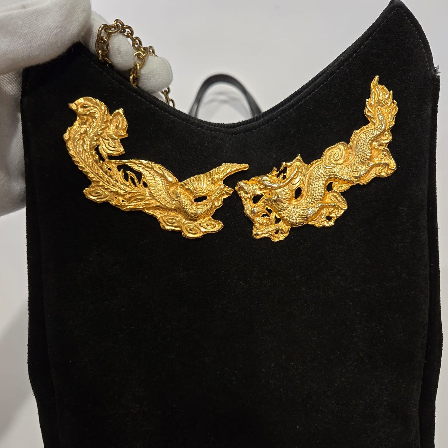 Vintage Black Suede Leather Gold
Dragon & Phoenix shoulder bag purse designer runway