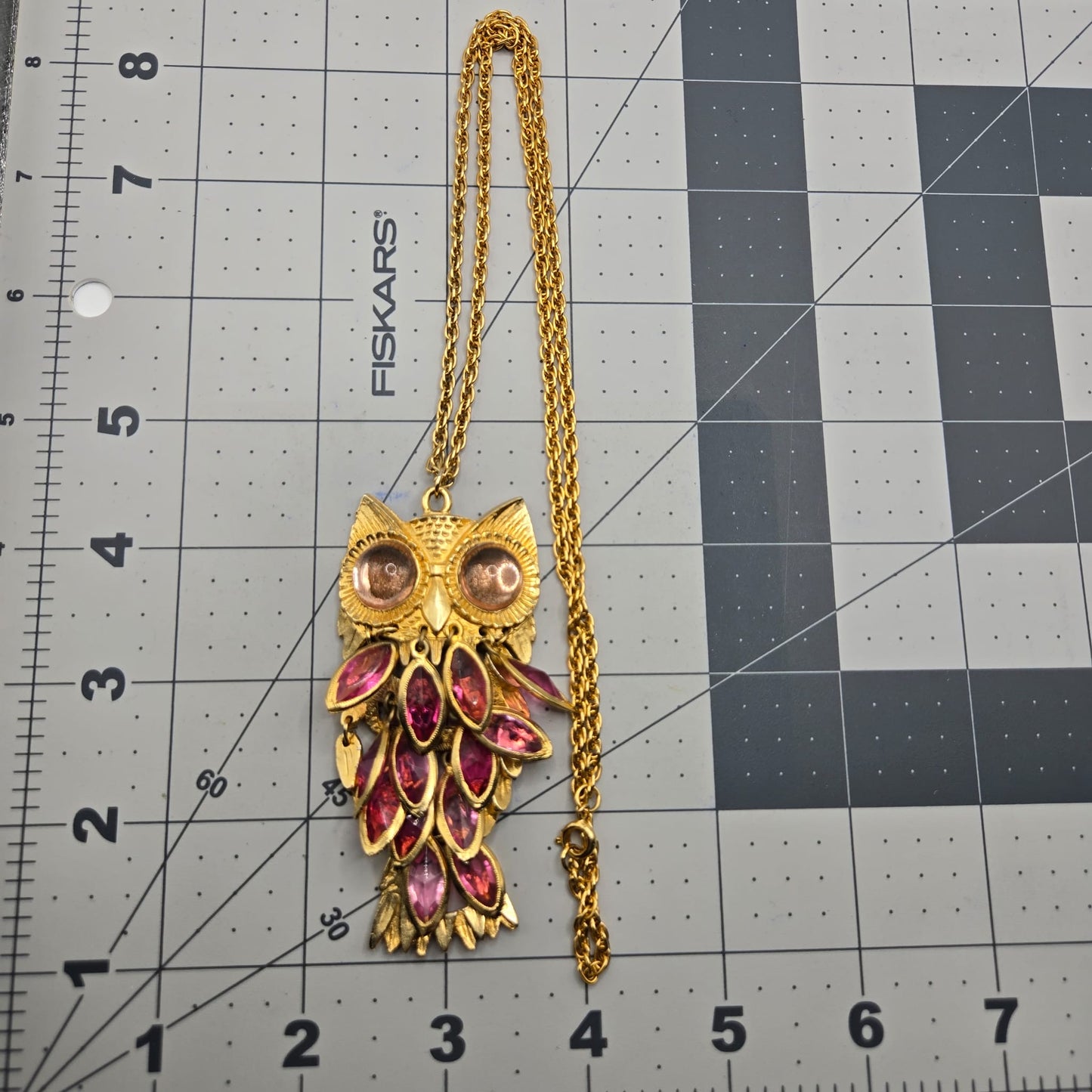 Vintage Huge Owl Pink Bazel Crystals jelly belly eyes gold tone necklace