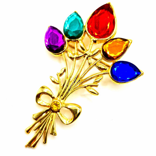 Vintage Flower Bouquet multicolor rhinestones gold tone brooch pin