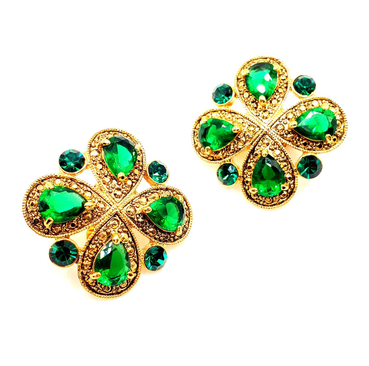 Vintage MONET Green Emerald Gold Tone Cross Clip On Earrings