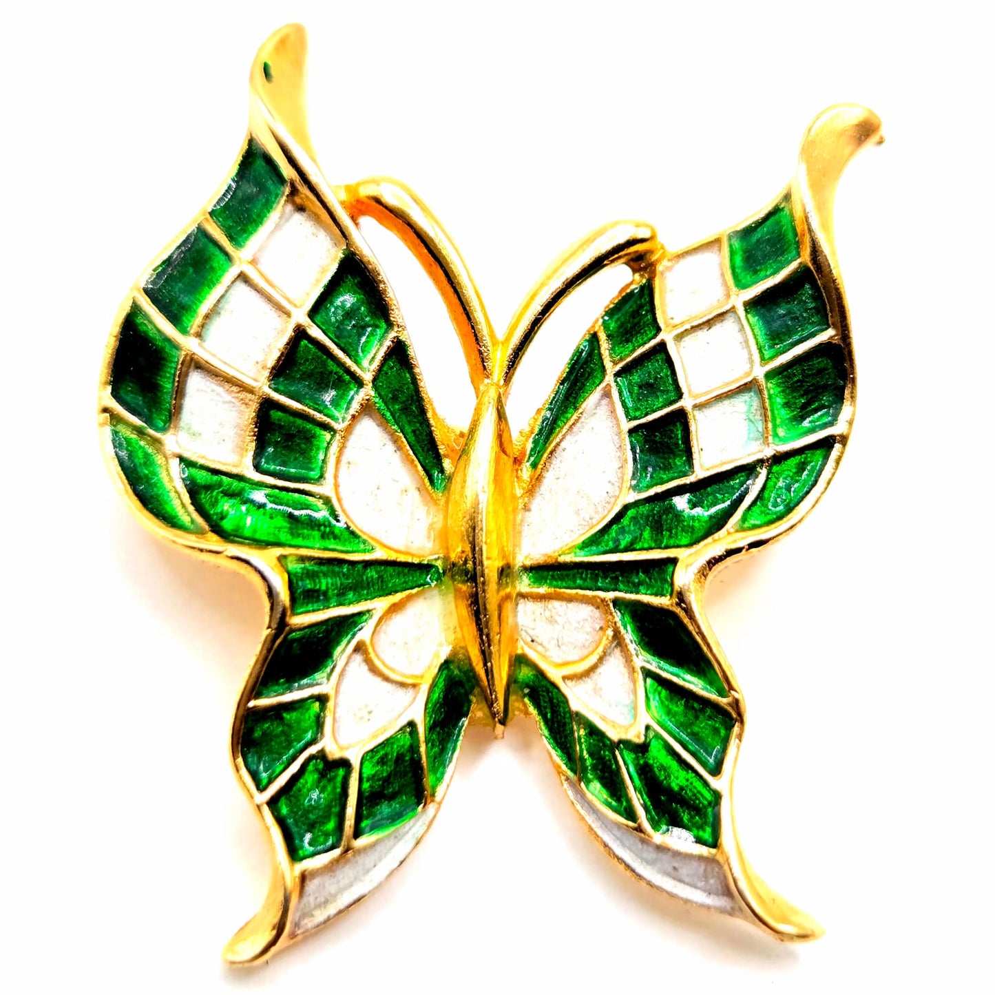 Vintage TRIFARI CROWN signed Butterfly green white enamel gold tone Brooch pin