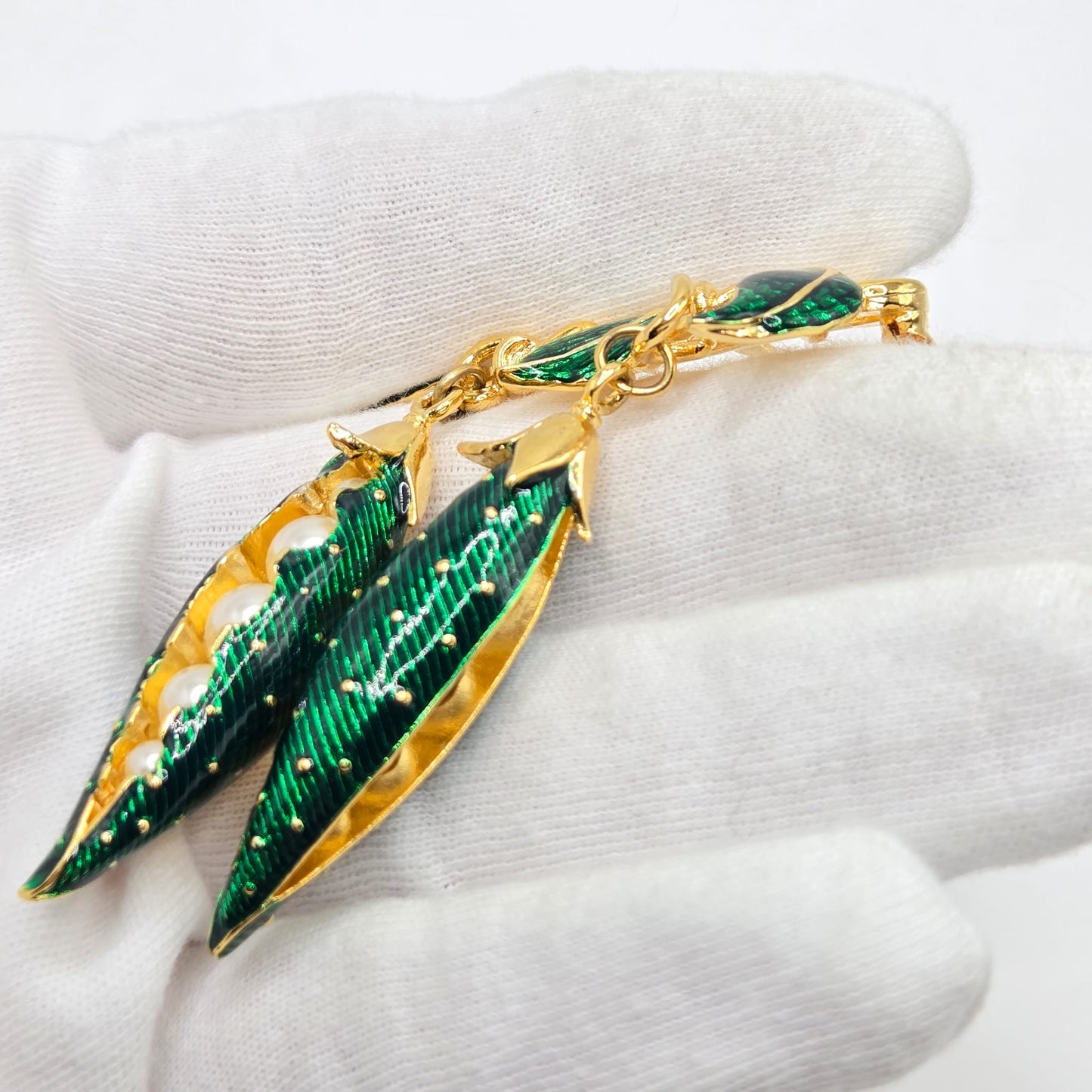 Vintage EDGAR BEREBI Pea Pods green enamel Faux Pearls dangle Pin Brooch