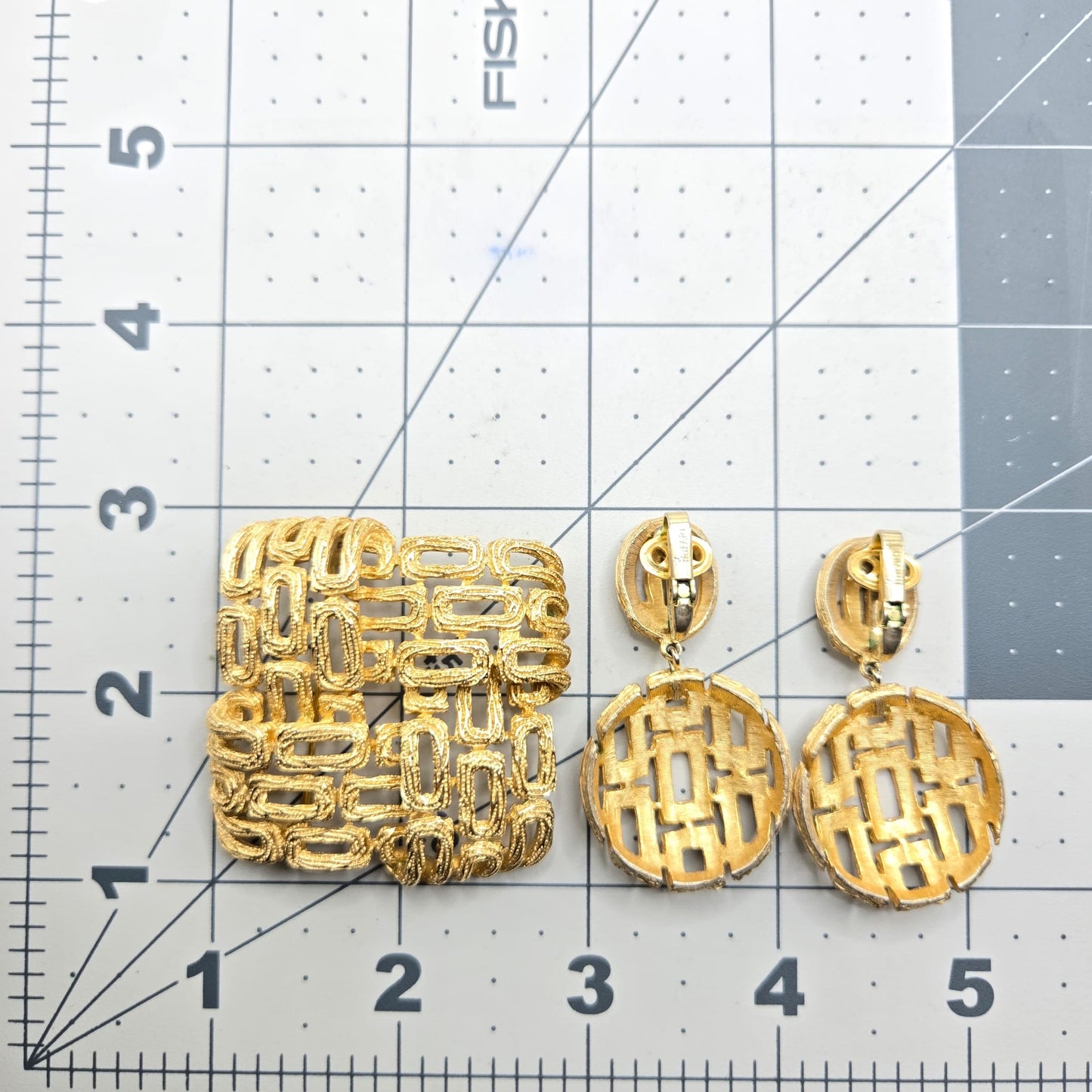 Vintage TRIFARI crown signed woven, open work  gold tone brooch pin and dangle clip on earrings set