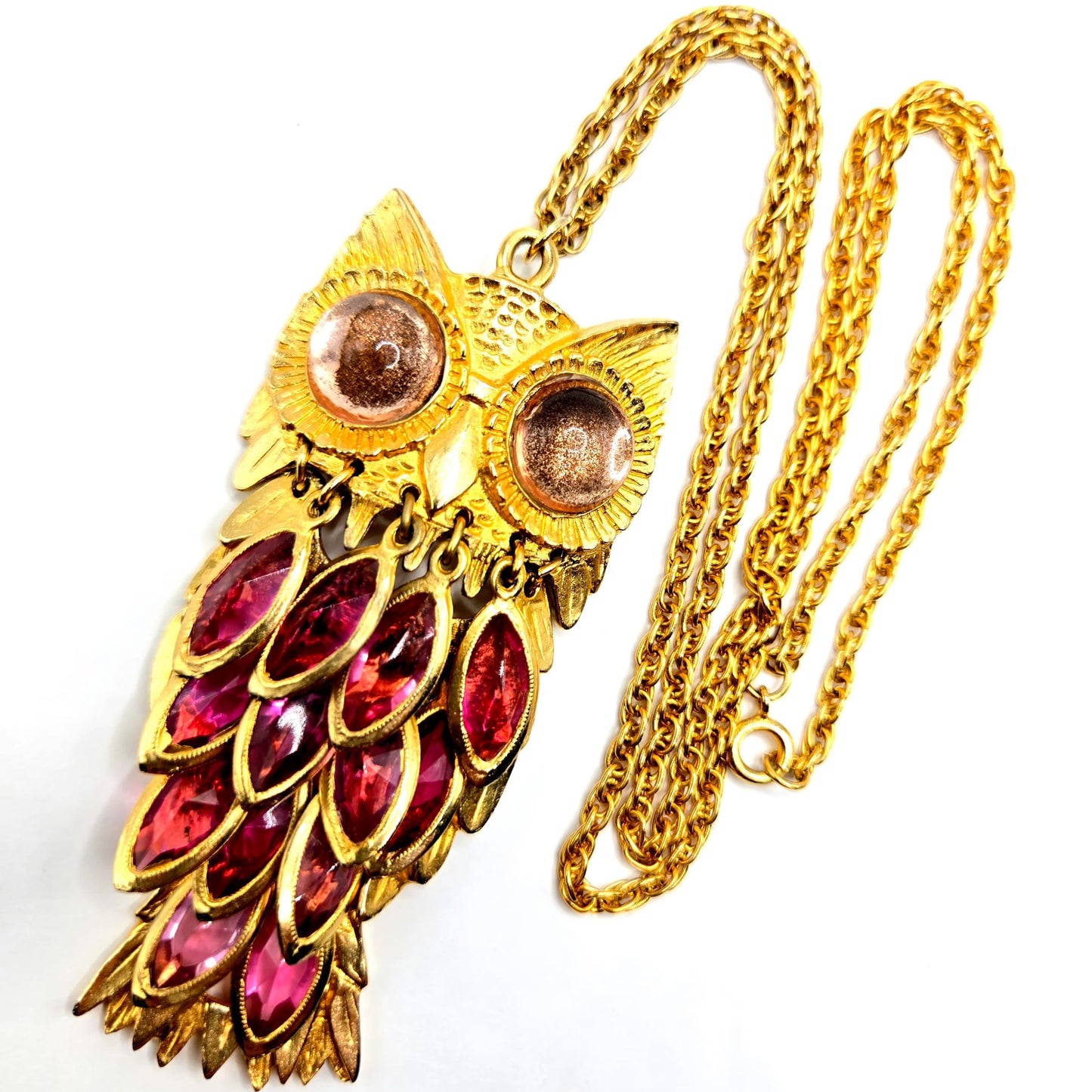 Vintage Huge Owl Pink Bazel Crystals jelly belly eyes gold tone necklace
