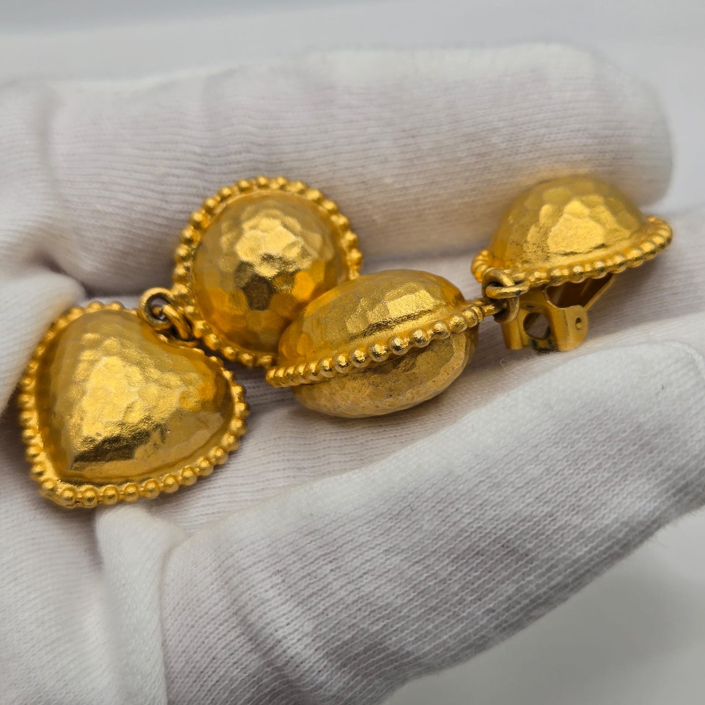 Vintage Heart Etruscan style gold tone designer runway clip on Earrings