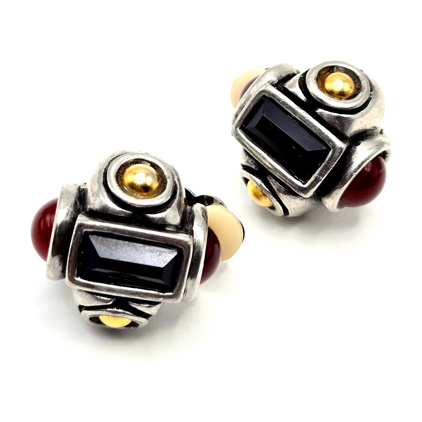 Vintage FAHRENHEIT Mixed Metal red black Cabochon Modernist  silver tone Clip on Earrings