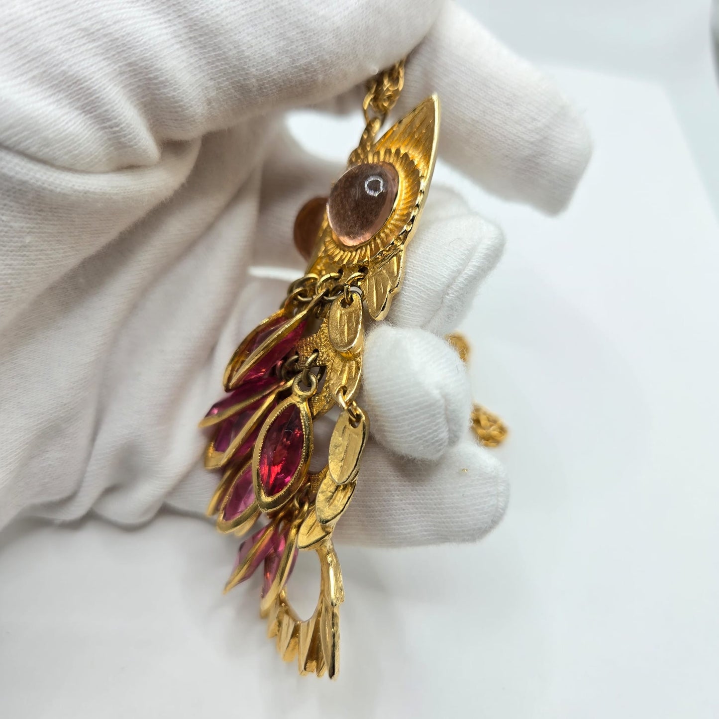 Vintage Huge Owl Pink Bazel Crystals jelly belly eyes gold tone necklace