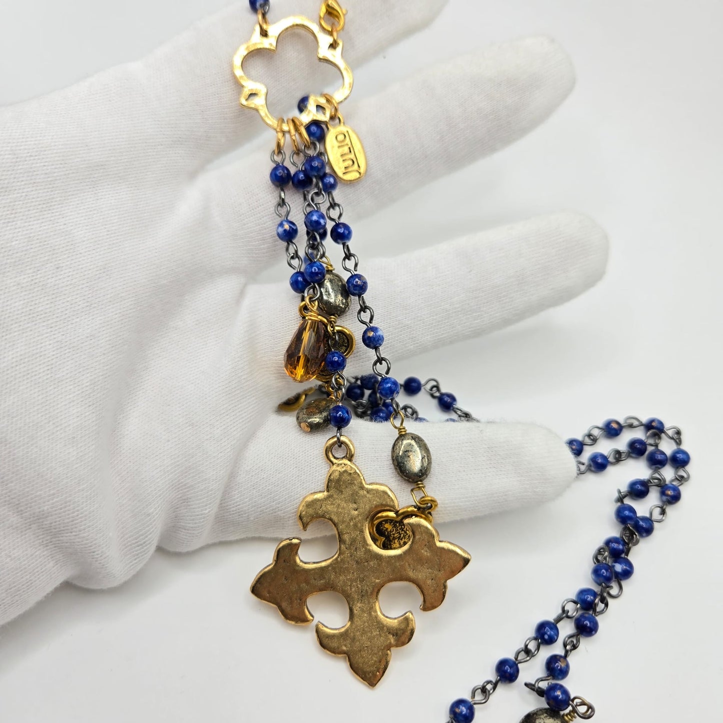 Vintage JULIO DESIGN Faux lapis lazuli beads Cross gold tone necklace