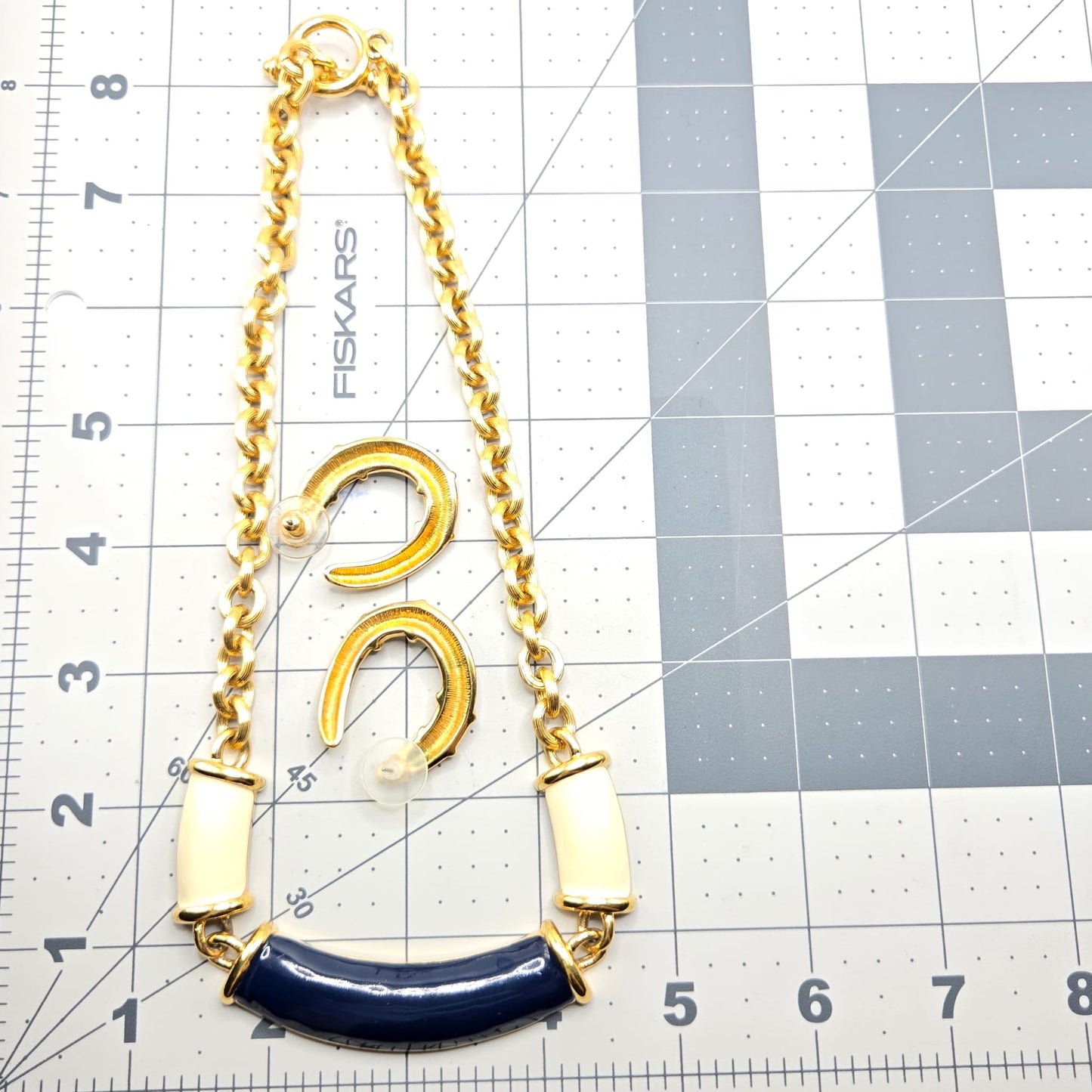 Vintage MONET navy blue and cream enamel gold tone chain necklace and earrings set designer runway