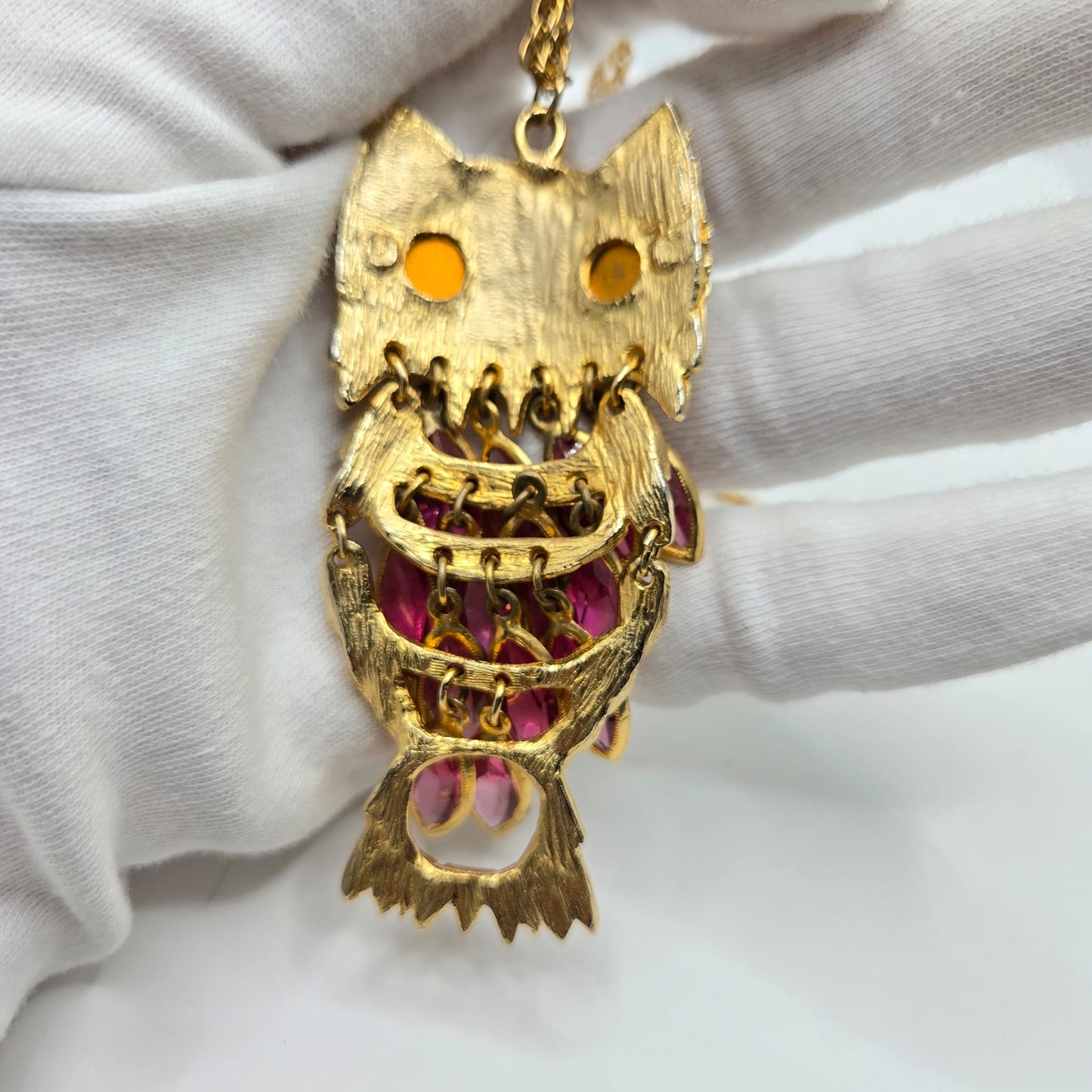 Vintage Huge Owl Pink Bazel Crystals jelly belly eyes gold tone necklace