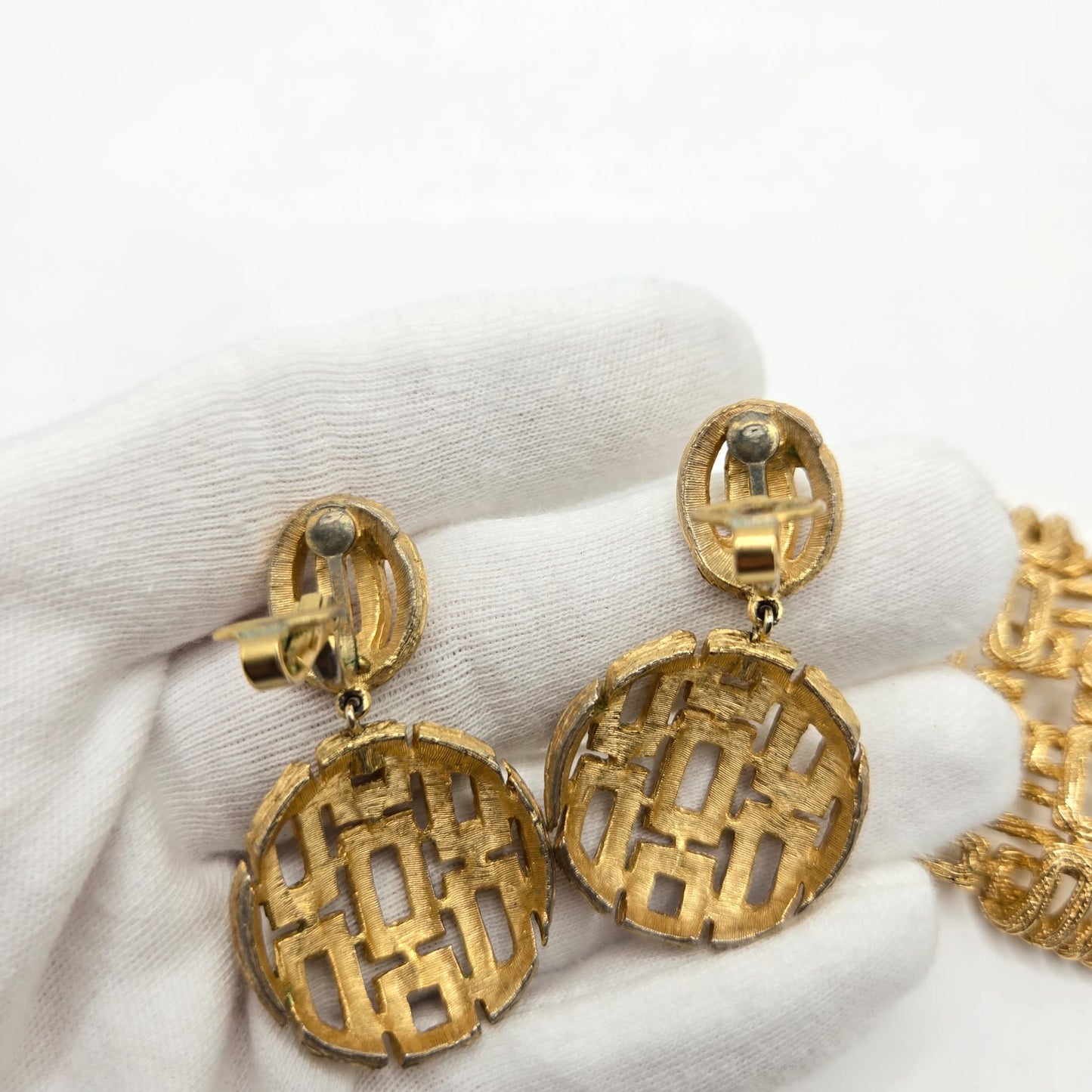 Vintage TRIFARI crown signed woven, open work  gold tone brooch pin and dangle clip on earrings set