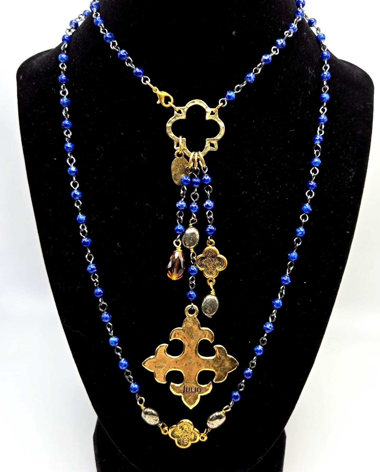 Vintage JULIO DESIGN Faux lapis lazuli beads Cross gold tone necklace