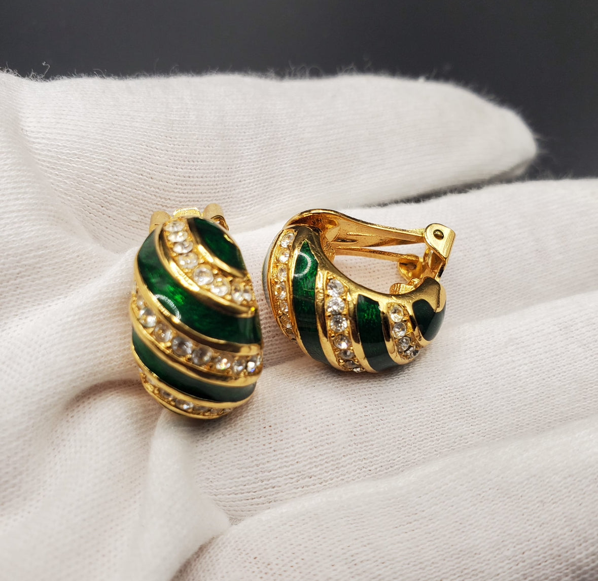 Vintage CHRISTIAN DIOR Signed Green Enamel Rhinestones Gold Tone Clip On Earrings