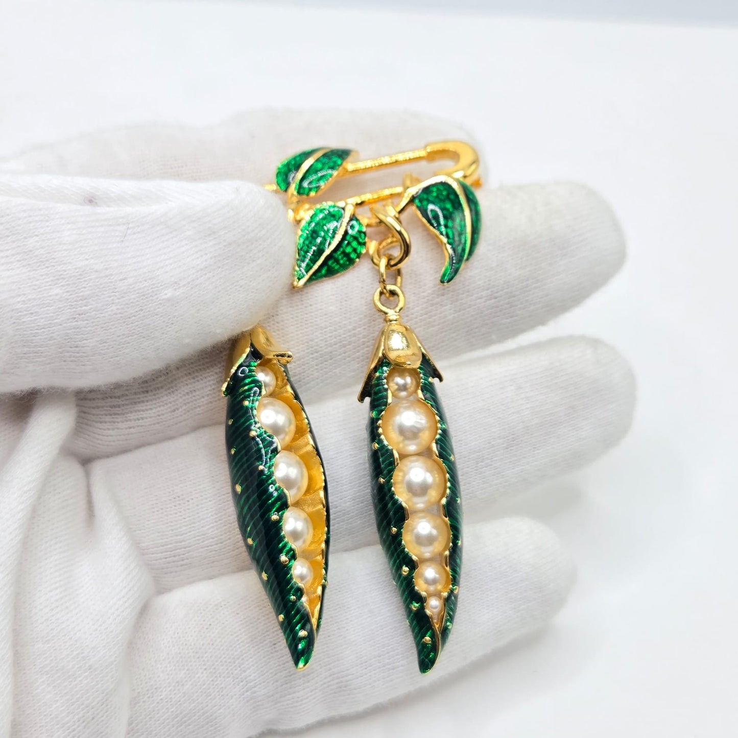 Vintage EDGAR BEREBI Pea Pods green enamel Faux Pearls dangle Pin Brooch
