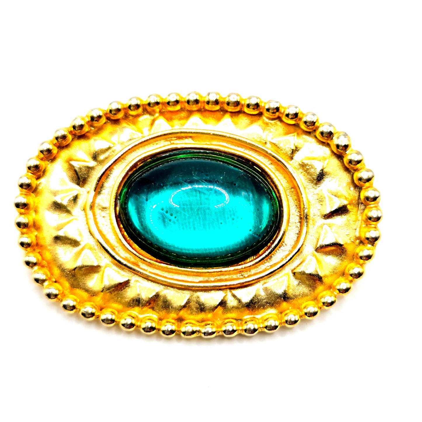 Vintage Etruscan designer runway large green Cabochon gold tone brooch pin