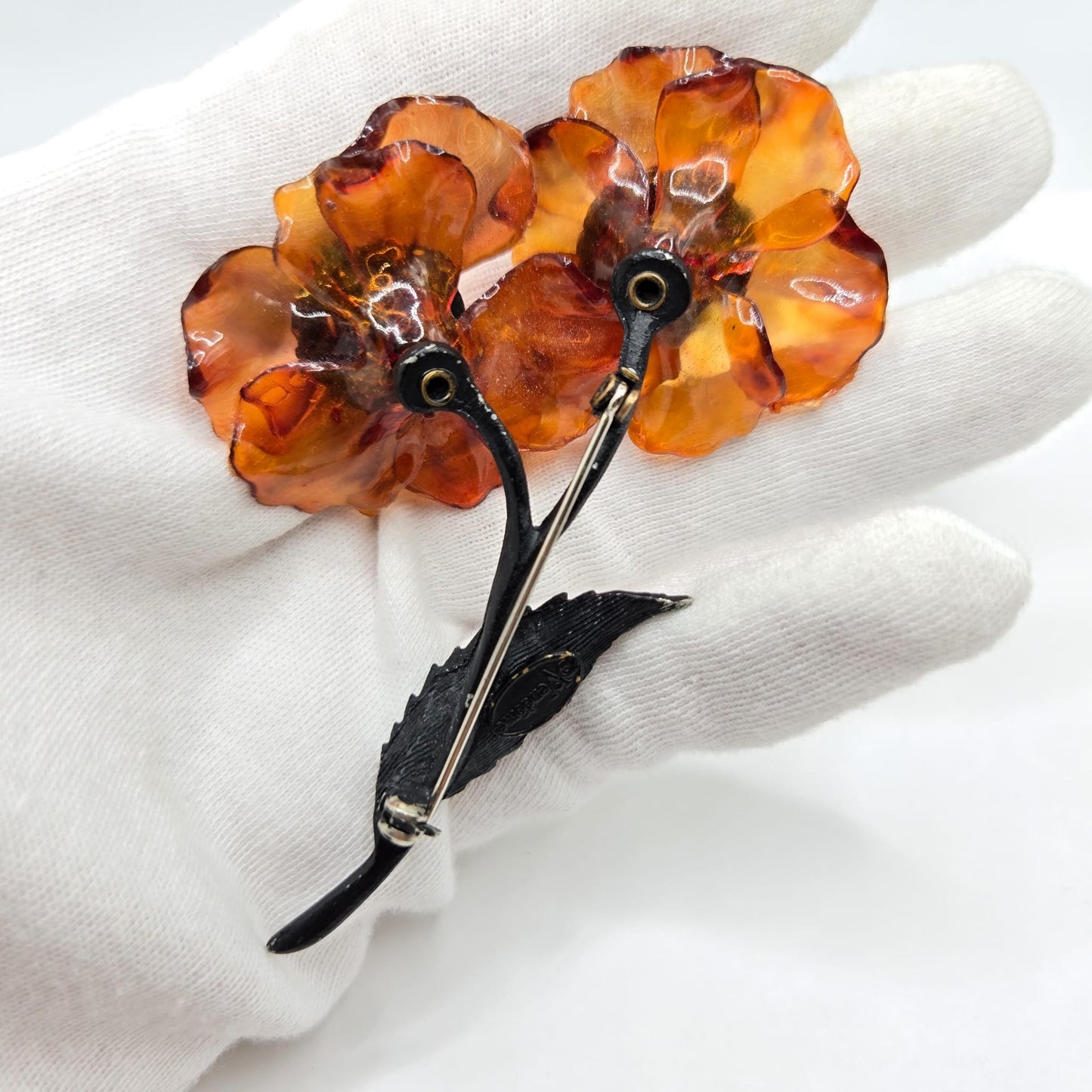 Vintage VENDOME signed huge Amber Lucite Flower rhinestones black Brushed enamel Brooch pin