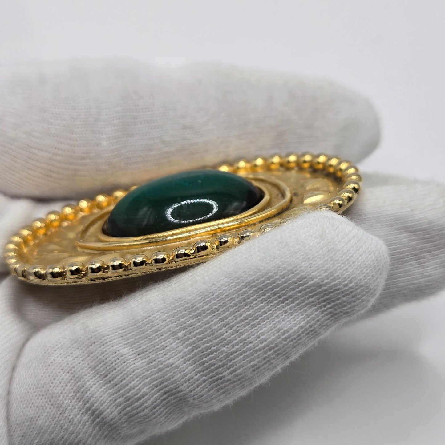 Vintage Etruscan designer runway large green Cabochon gold tone brooch pin