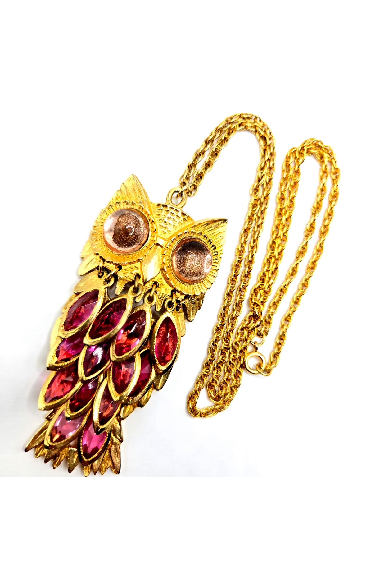 Vintage Huge Owl Pink Bazel Crystals jelly belly eyes gold tone necklace