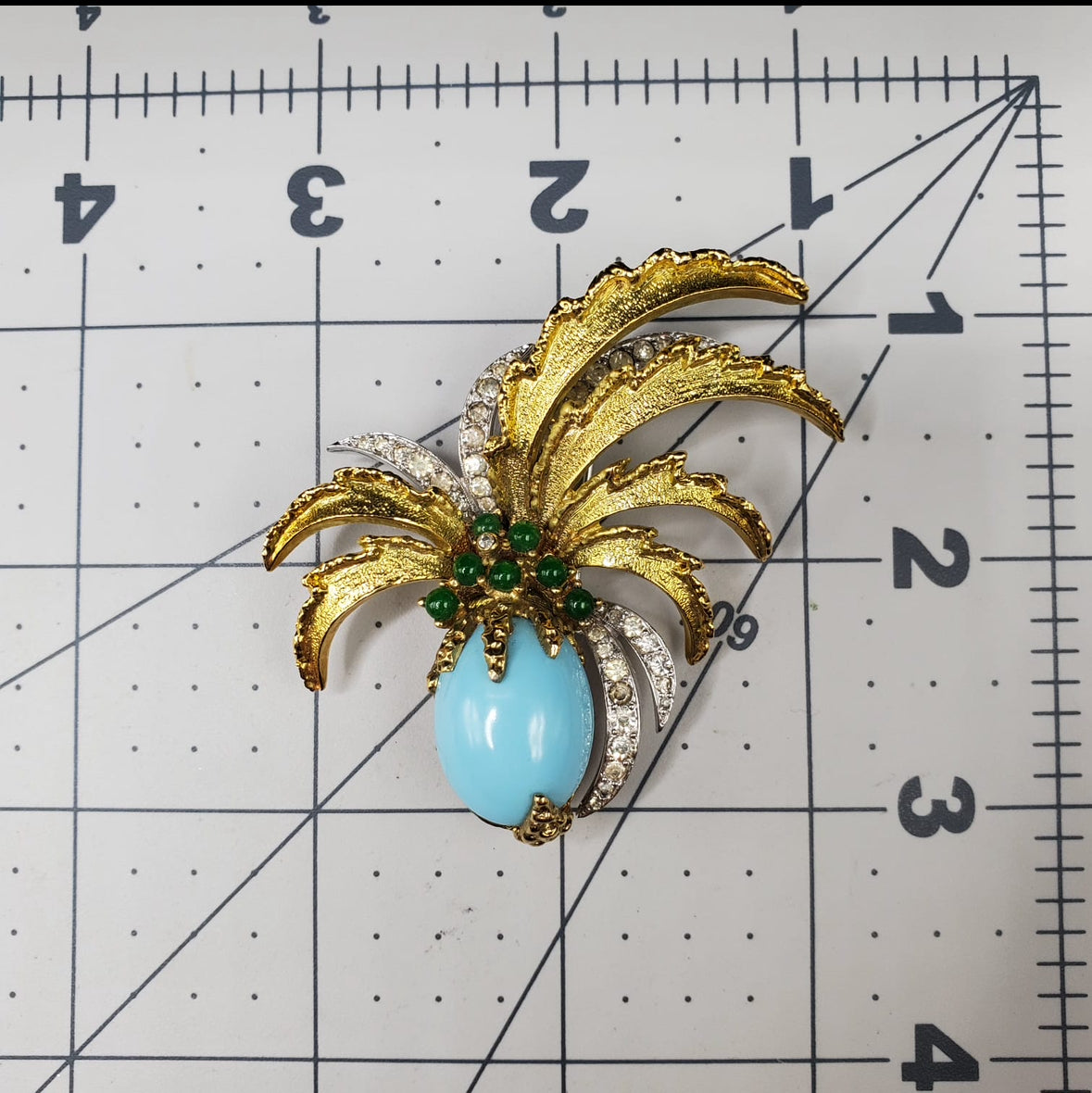 Vintage JOMAZ Signed Very Rare Pineapple Shaped Faux Turquoise And Faux Jade Cabochons Rhinestones Gold And Silver Tone Brooch Pin