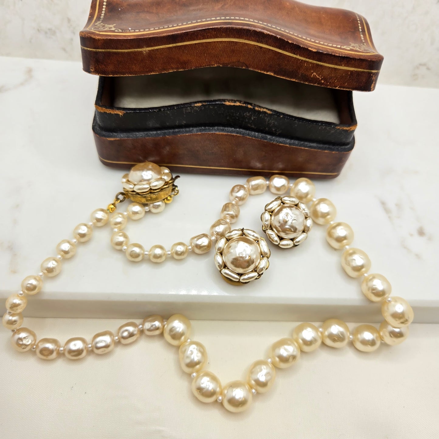 Vintage MIRIAM HASKELL Faux Baroque Pearl Single Strand Necklace & Clip On Earrings Set