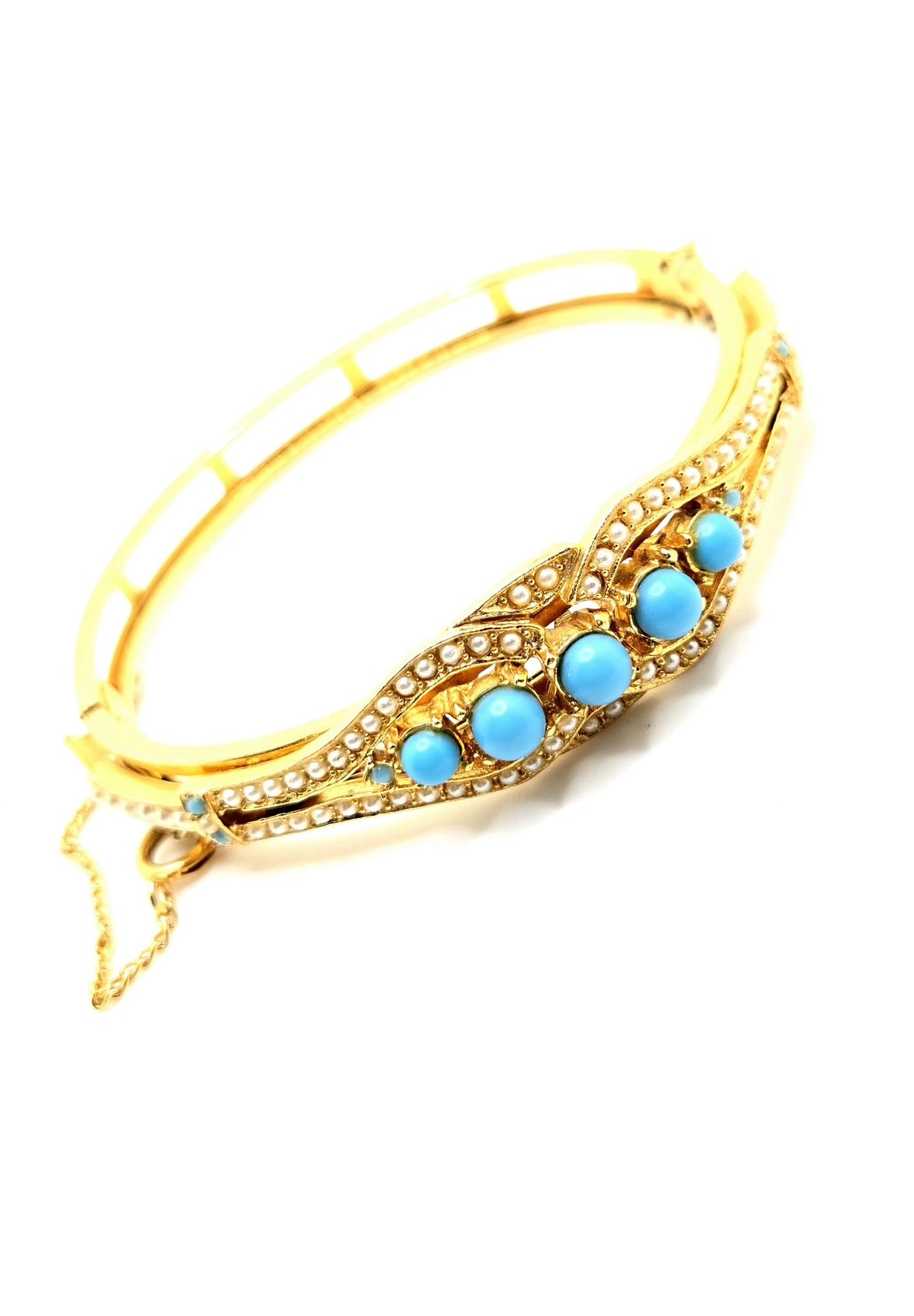 Vintage Art Arthur Pepper Faux Pearls & Faux Turquoise Gold Tone Bangle Bracelet