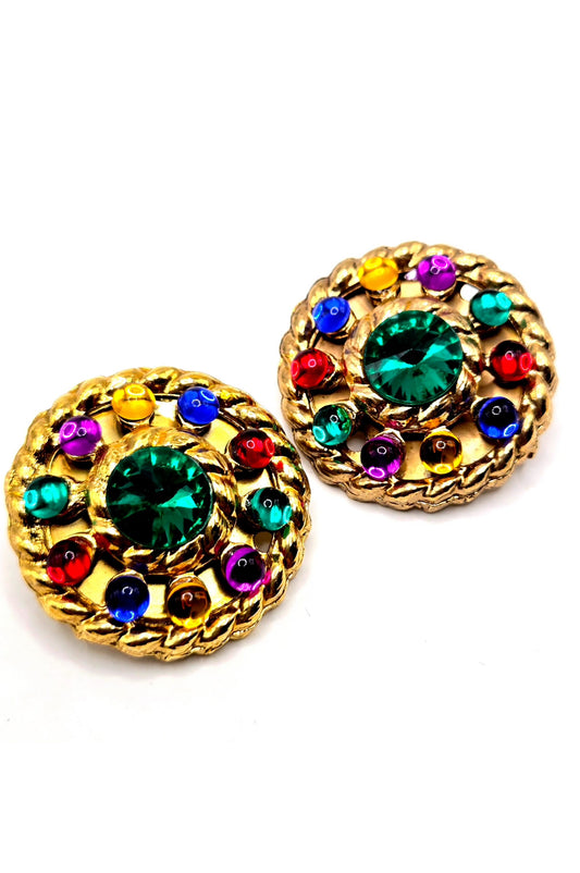 Vintage round gripoix moghul multicolor cabochon gold tone designer runway