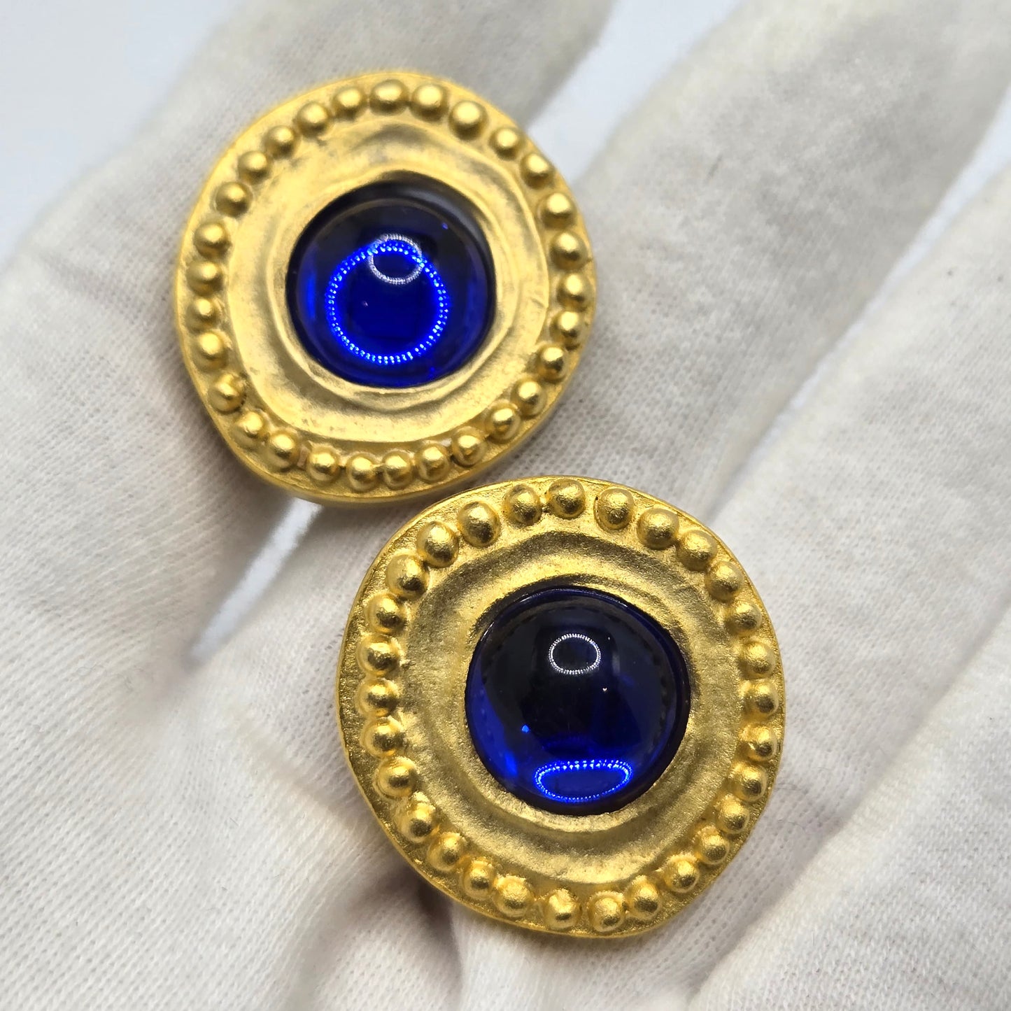 Vintage GENNARO Etruscan Blue Cabochon gold tone Clip on Earrings