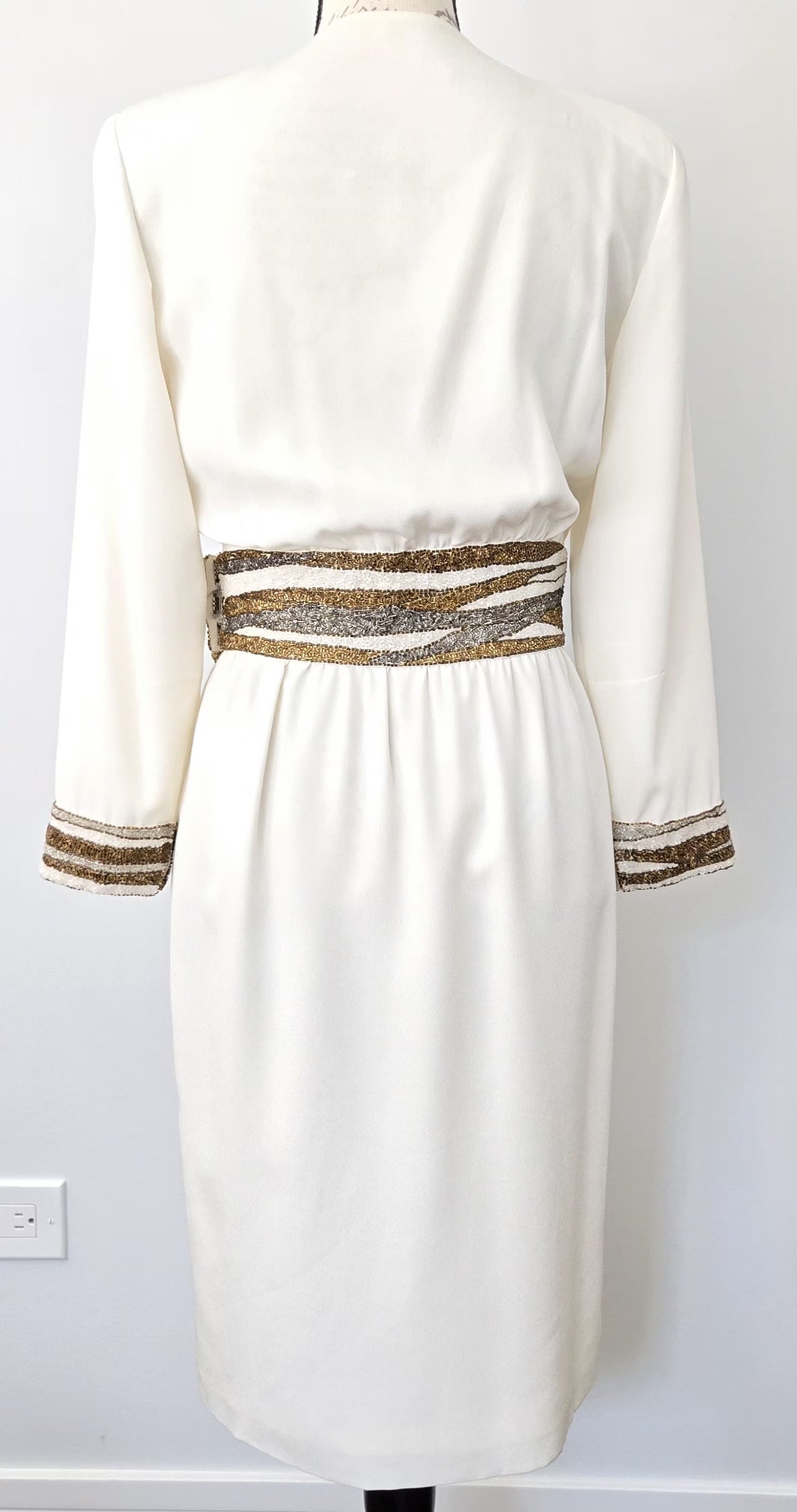 Vintage Bob Mackie off White Cocktail Party Dress Beaded Sequin Dress Long Sleeve Wedding Party Dress Small Cher Dress size 0-2