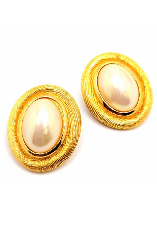Vintage CHRISTIAN DIOR Oval Gold tone Faux pearl Clip on Earrings