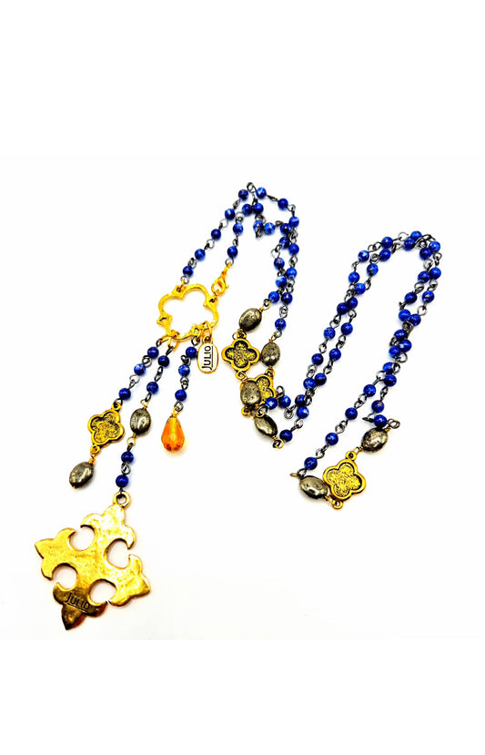Vintage JULIO DESIGN Faux lapis lazuli beads Cross gold tone necklace