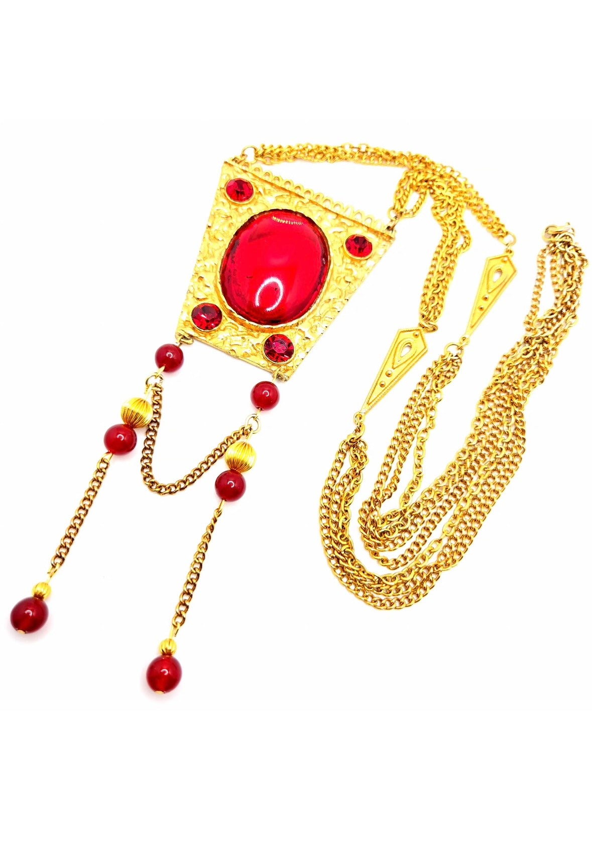 Vintage Statement Necklace With Large Red Cabochon, Beads, Gold-Tone Chain Dangle Necklace
