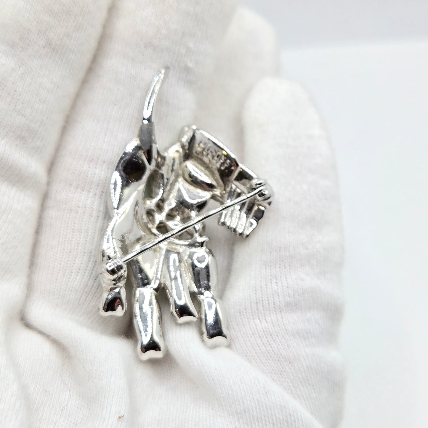 Vintage BOGOFF Scottish Terrier Dog green clear rhinestones silver tone Brooch Pin