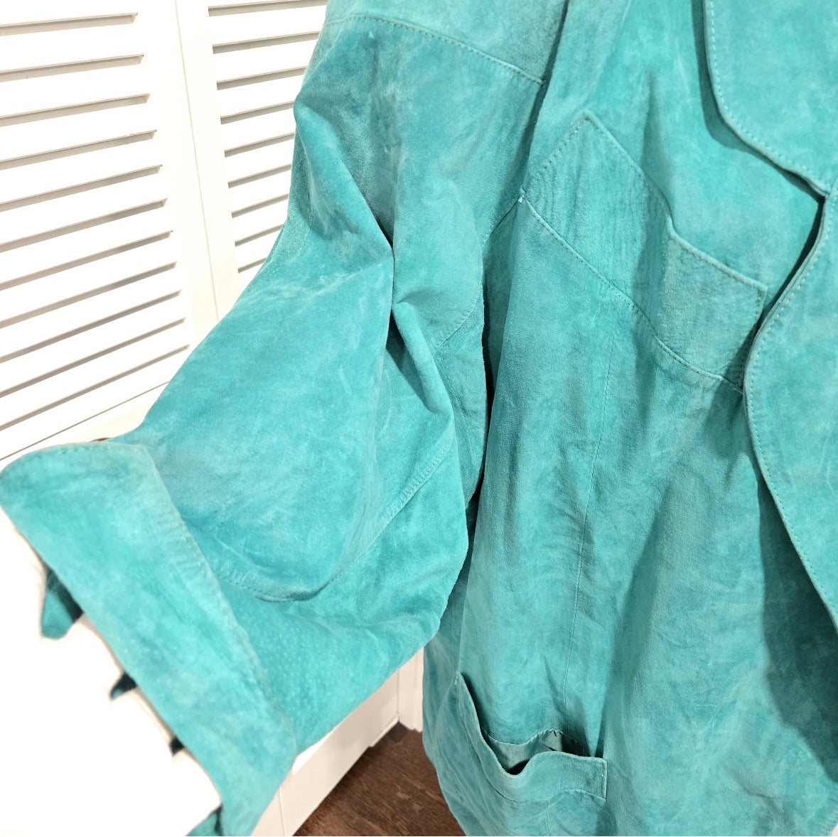 Vintage MADGE'S teal blue suede leather oversized coat jacket shoulder pads size L