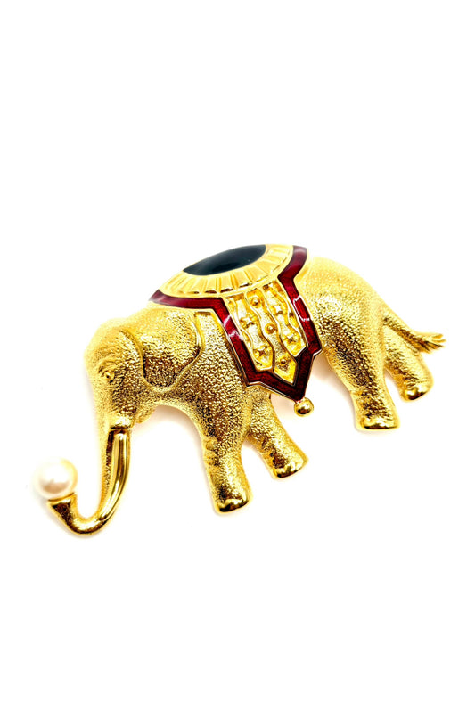 Vintage MONET Signed 1990’s Elephant, Navy Blue, Red Enamel, Faux Pearl, Gold Tone Classic Statement Brooch Pin