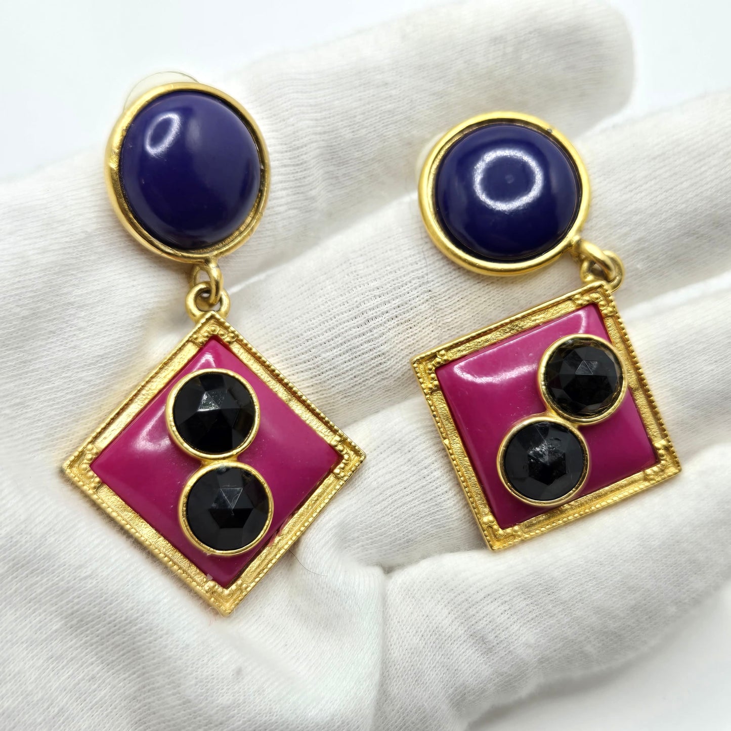 Vintage Geometric design Pink purple enamel black Cabochon dangle gold tone designer runway Earrings