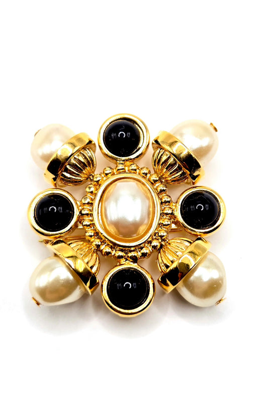 Vintage ST. JOHN Maltese Cross Gold tone Black Cabochons And Faux Pearls Classic Statement Brooch pin