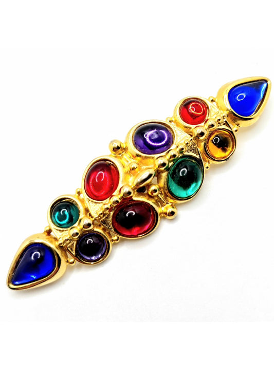 Vintage JJ Gold Tone Bar Brooch with Gripoix-Style Multicolored Cabochon Stones