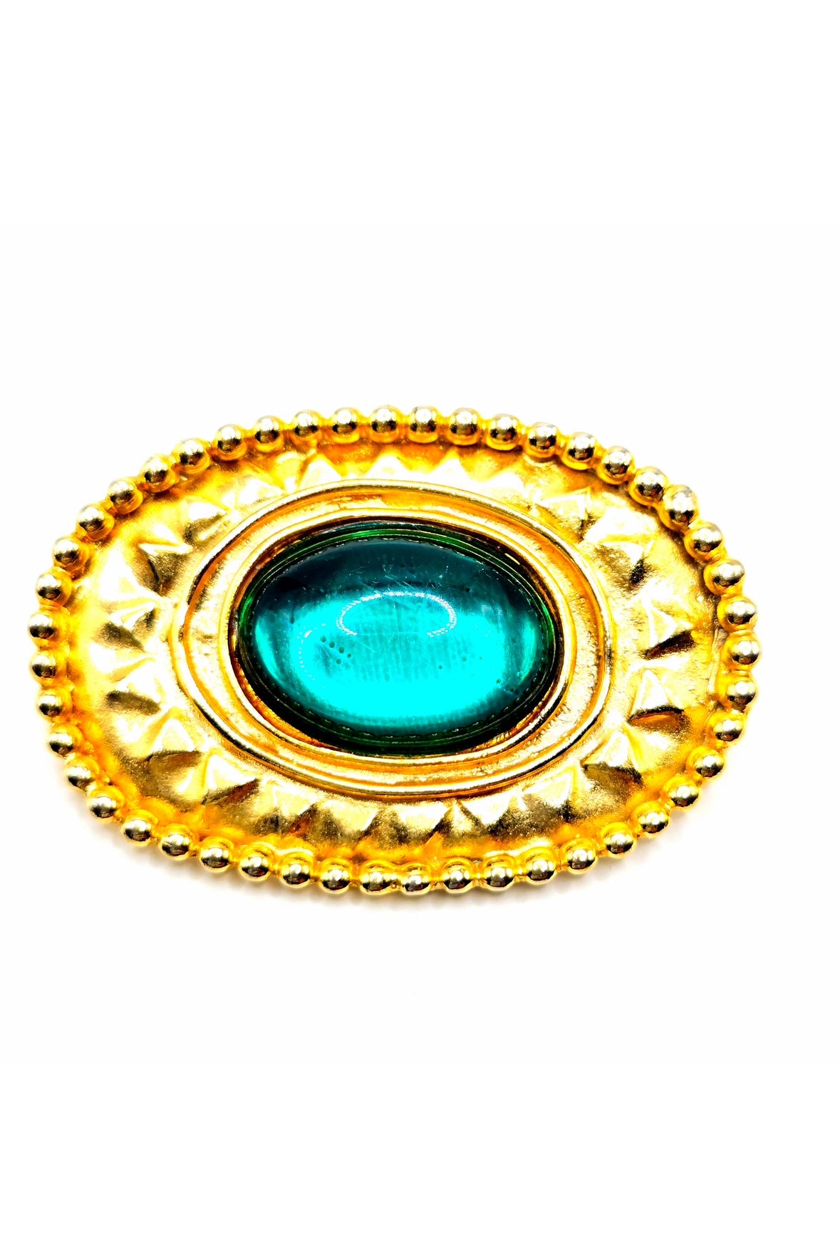 Vintage Etruscan designer runway large green Cabochon gold tone brooch pin