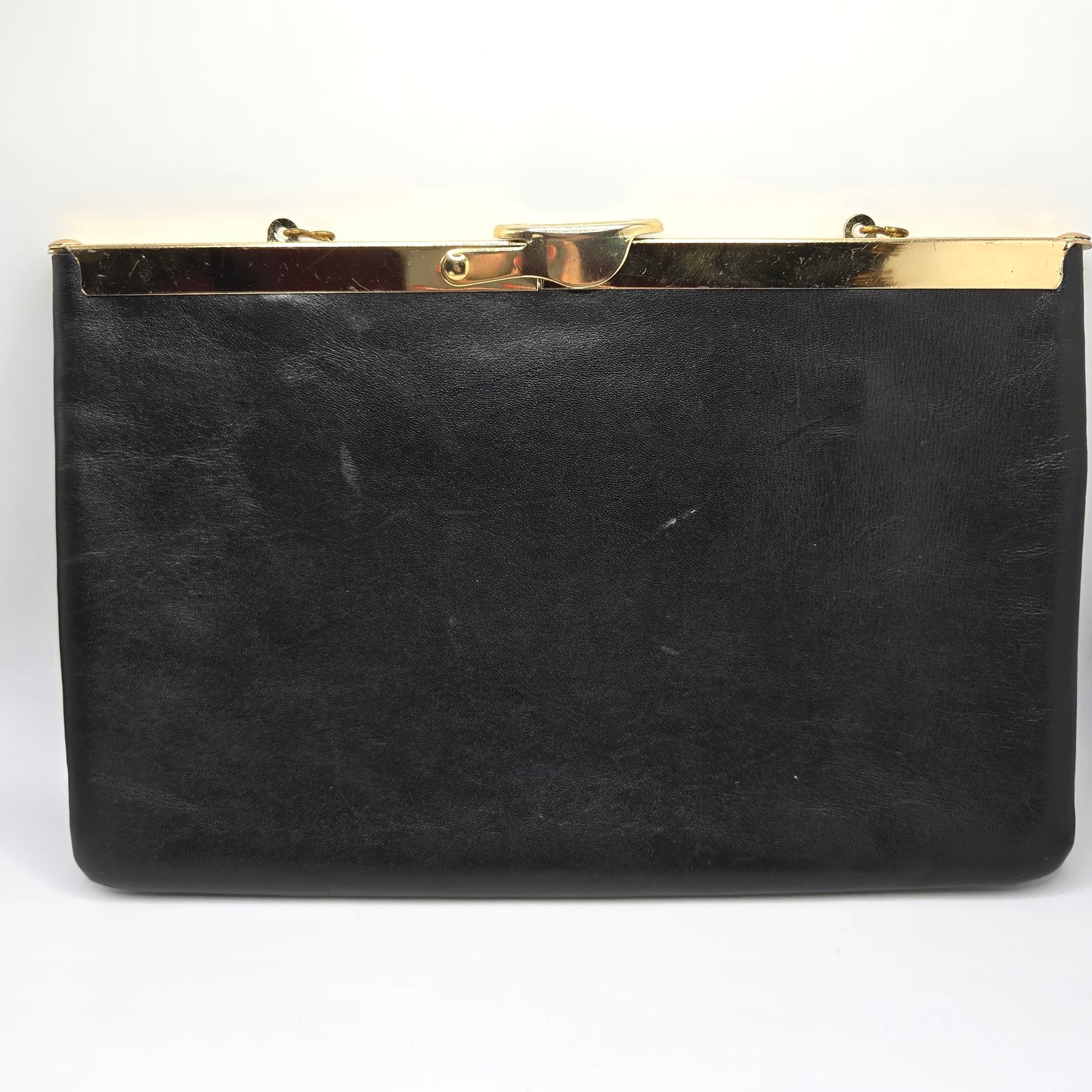 Vintage ETRA black leather clutch bag with ROSE Brooch pin and gold tone chain