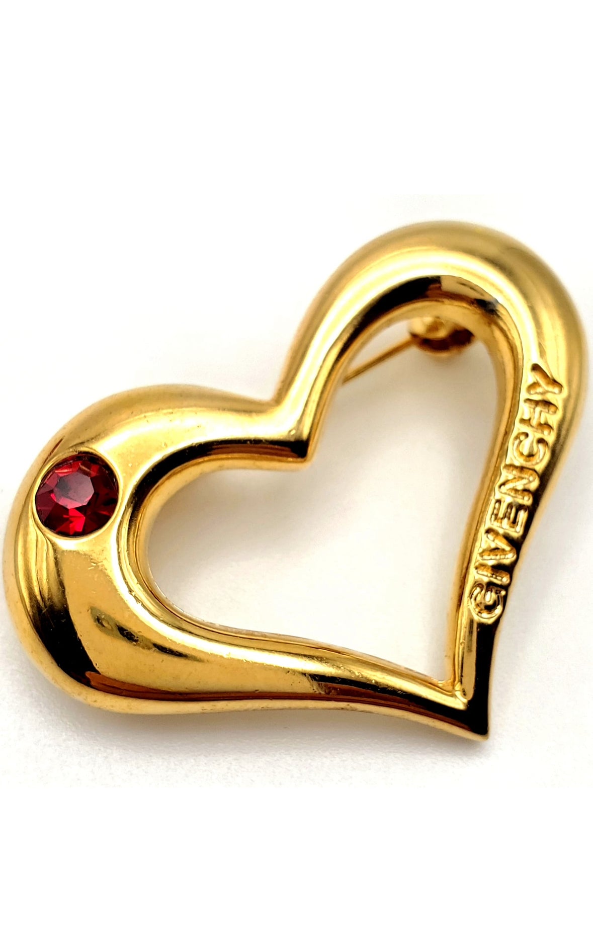 Vintage GIVENCHY Signed Heart Red Rhinestone Gold Tone Brooch Pin