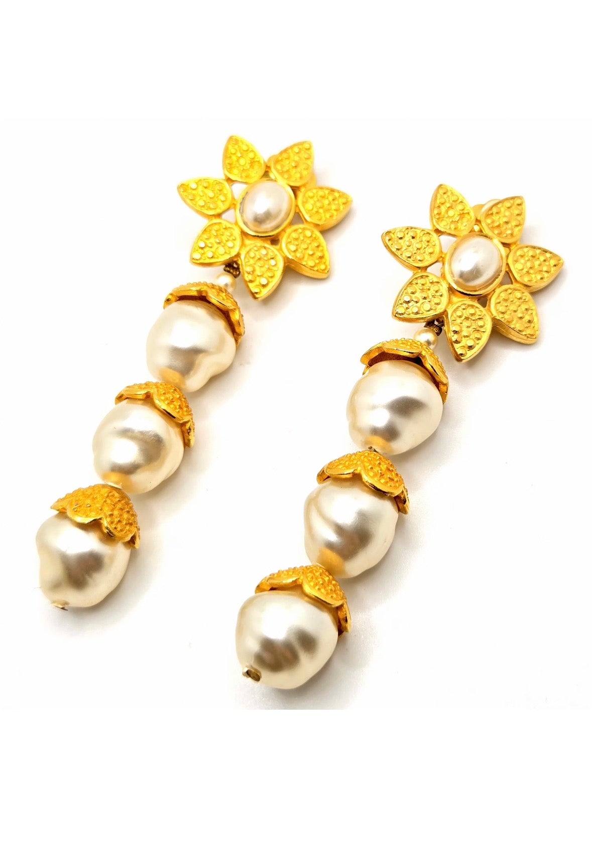 Vintage Huge Designer Runway Gold Tone Flower Faux Pearl Dangle Clip-On Earrings
