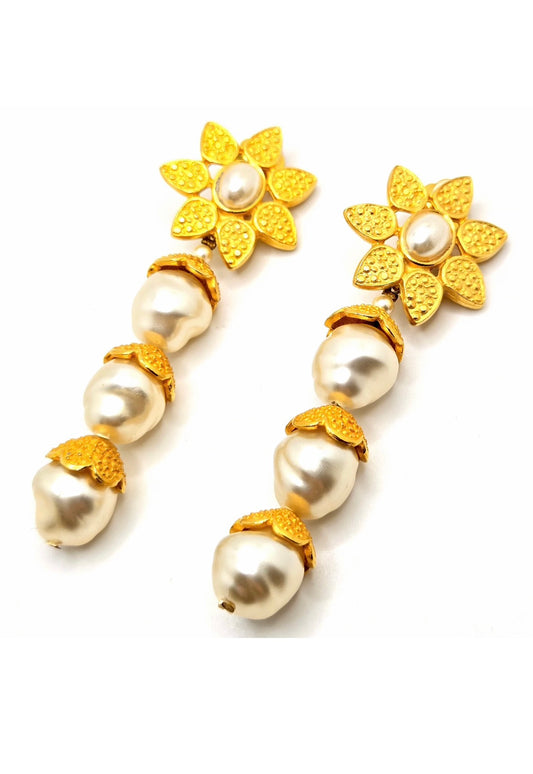 Vintage Huge Designer Runway Gold Tone Flower Faux Pearl Dangle Clip-On Earrings