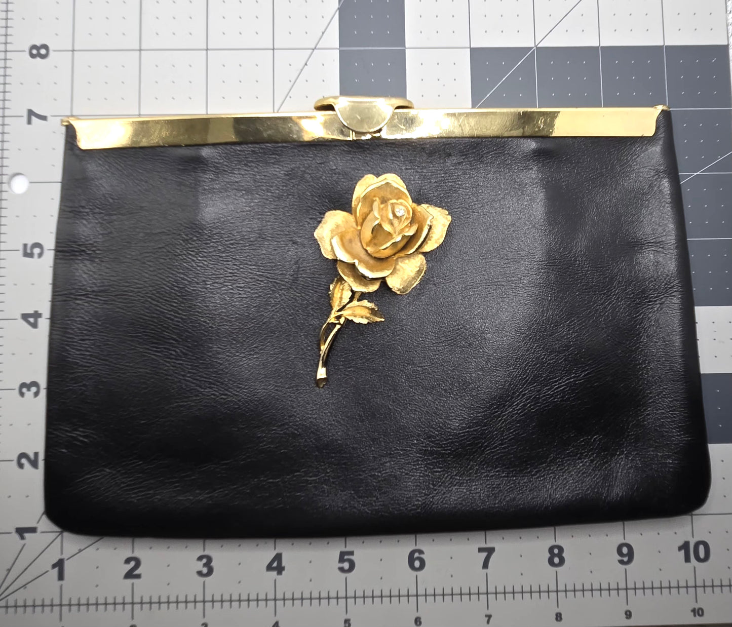 Vintage ETRA black leather clutch bag with ROSE Brooch pin and gold tone chain