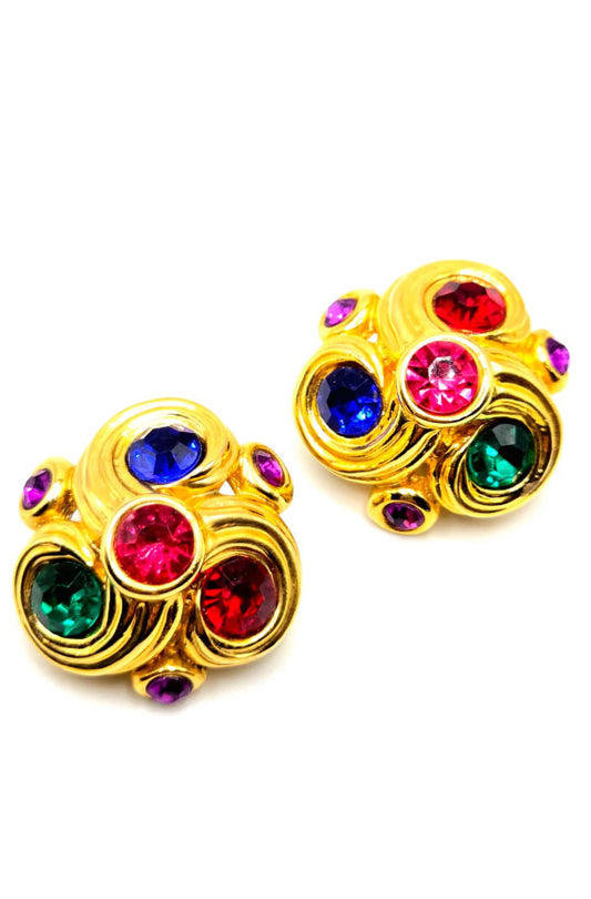 Vintage multicolor rhinestones gold tone designer runway clip on earrings