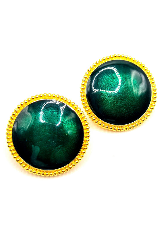 Vintage TRIFARI TM Large green enamel round gold tone clip on earrings