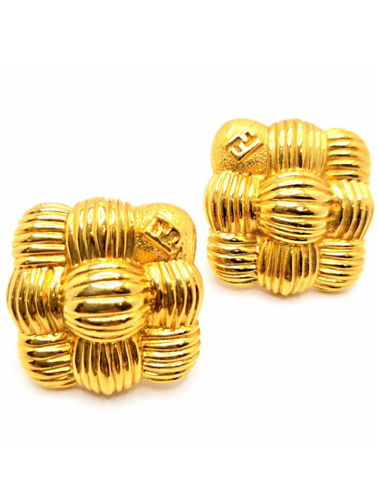 Vintage FENDI Signed FF logo Basket Weave Gold tone square designer runway Earrings