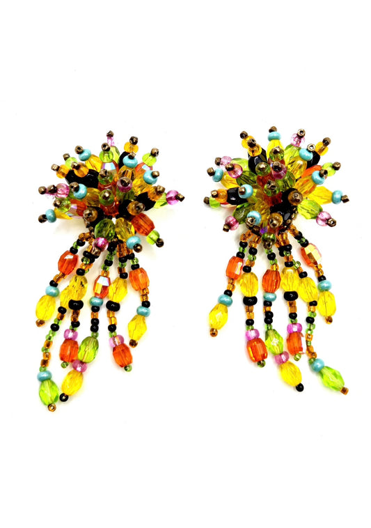 VINTAGE Huge colorful fruit salad cluster beadwork dangle Clip on Earrings