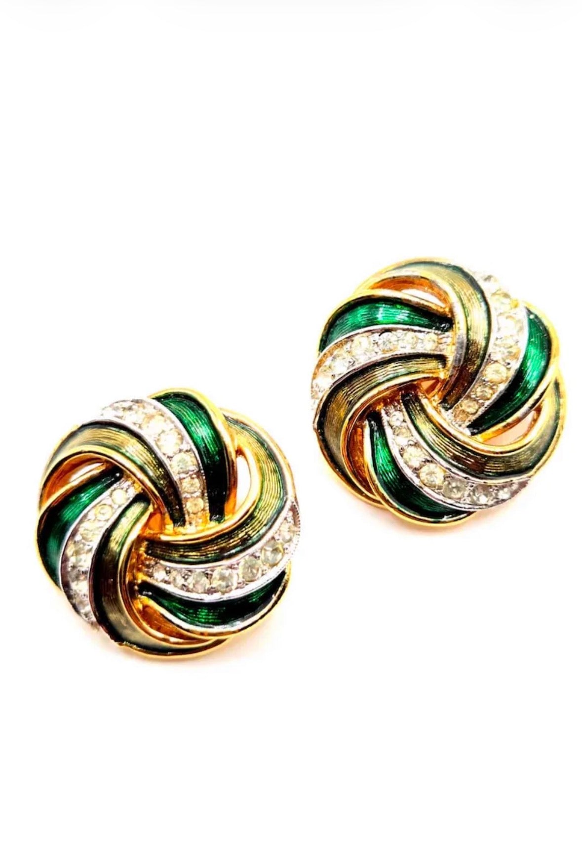 Vintage PANETTA Swirl green enamel rhinestones gold tone clip on earrings