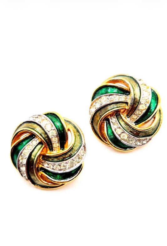 Vintage PANETTA Swirl green enamel rhinestones gold tone clip on earrings